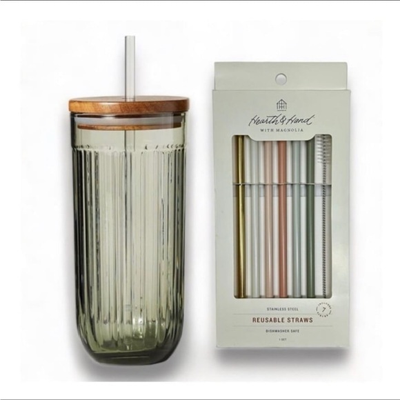 21oz Fluted Glass Tumbler w/Wood Lid Green + 7pc Straw Set - Hearth & Hand - Picture 1 of 11